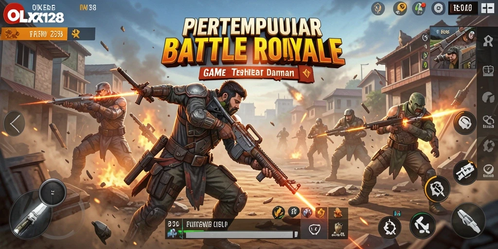 Screenshot OLX128 menunjukkan aksi seru dalam pertempuran Battle Royale.